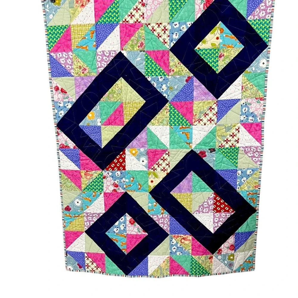 Handmade‎ Patchwork Quilt 37x48 Navy Diamond Throw Cottagecore
